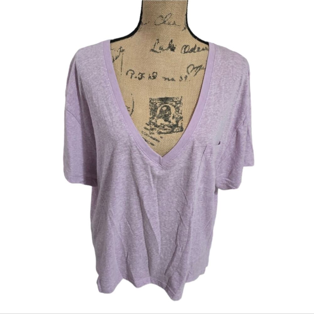 J. Crew XL Purple Slub Cotton Blend Deep V-Neck Pocket T-Shirt Relaxed Fit Top